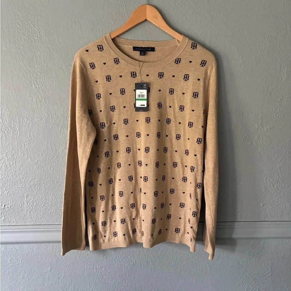 Tommy Hilfiger, crewneck, monogrammed, tan/navy, long sleeve cotton, sweater, L